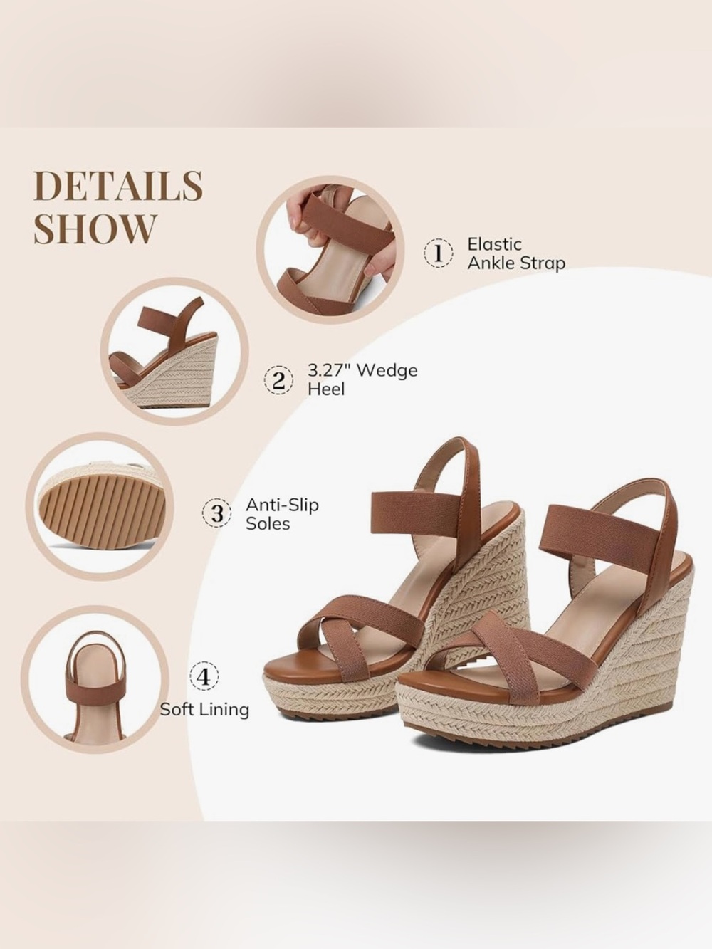 Mikaraka Women’s Brown Elastic Ankle-Strap Wedge Sandals